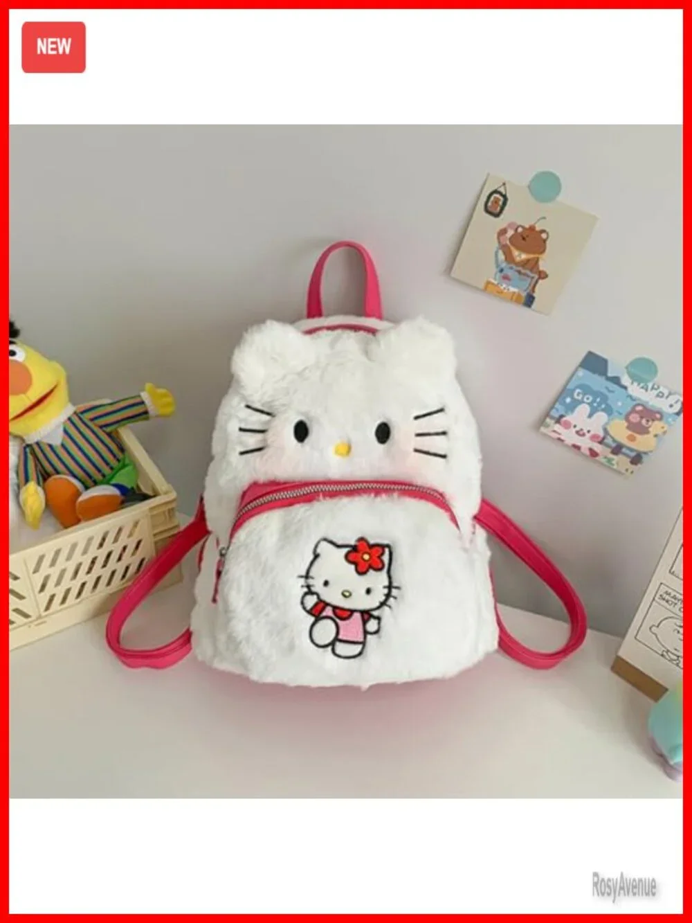 Cute Plush Fashion Backpack with Keychain, Double Zipper, Mini Backpack